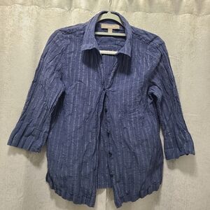 Croft‎ & Barrow Womens Blue Embroidered Button Front Crinkle Blouse